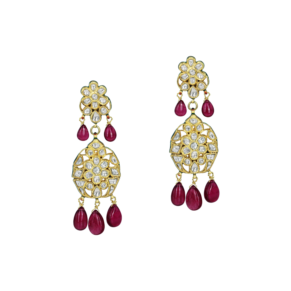 Floral Polki Earrings with Rubylite Drops